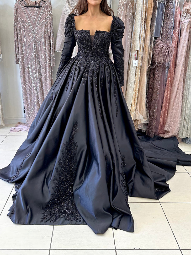 V Neck Black Satin Pleated Charcoal Tulle Prom Gown - Promfy